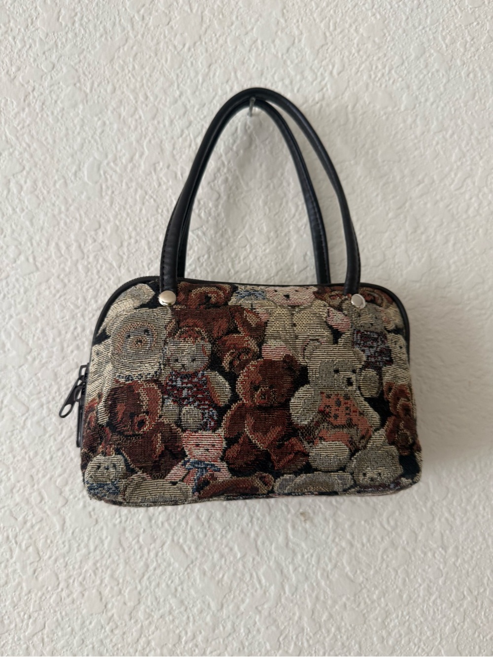 Vintage Teddy Bear Tapestry Handbag - Black Trim